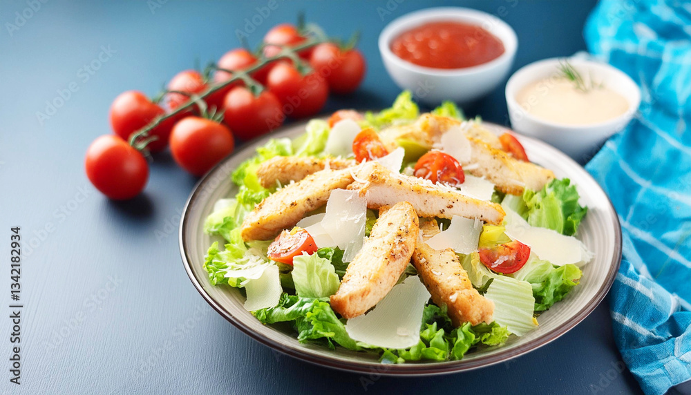 Chicken Caesar salad, parmesan cheese, tomatoes, croutons, and creamy dressing. AI Chicken Caesar salad, parmesan cheese, tomatoes, croutons, and creamy dressing. AI