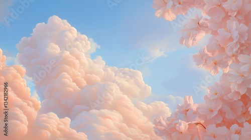 Soft pink clouds blend seamlessly with bright blue sky, creating