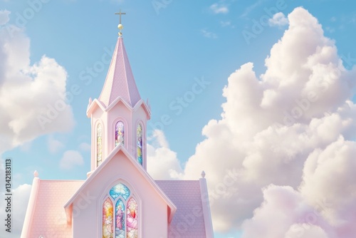Dreamy pastel church with colorful stained glass against fluffy