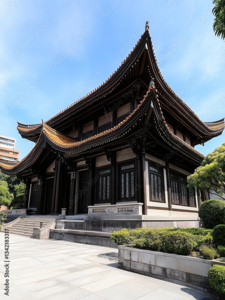 A traditional Asian temple with ornate architectural details and a serene garden setting, ideal for travel brochures, cultural articles, or architectural features, A traditional Asian temple with ornate architectural details and a serene garden setting, ideal for travel brochures, cultural articles, or architectural features,