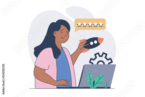 Business activities concept with cartoon people in flat design for web. Businesswoman launching startup, investing money in new project, working at laptop and achieving goals. Vector illustration.