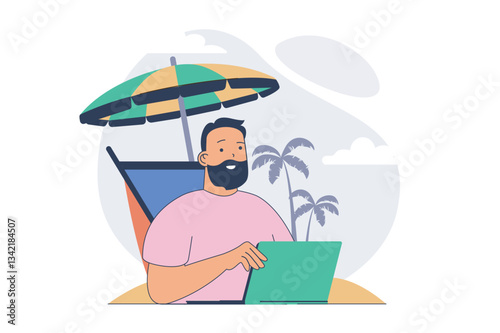 Freelance concept with cartoon people in flat design for web. Man laying at ocean beach under umbrella and doing work tasks remotely, working online at sea vacation from laptop. Vector illustration.