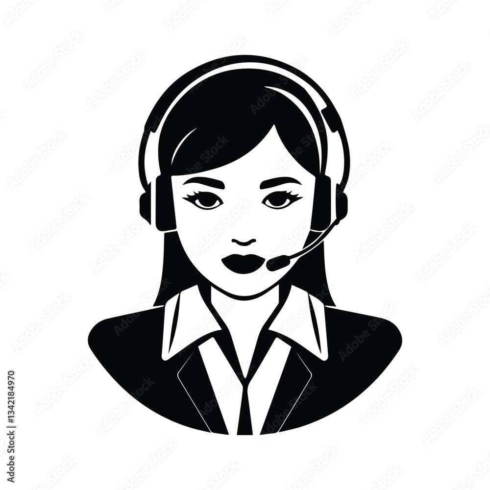 Customer service and support icon symbol, customer support icon black and white vector sign, call center woman silhouette, Customer service and support icon symbol, customer support icon black and white vector sign, call center woman silhouette,