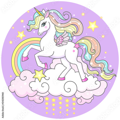 White unicorn with rainbow mane among clouds and rainbow. Compiled in a circle. Flat design. For children's design of prints, posters, cards, stickers, puzzles, etc. Vector illustration