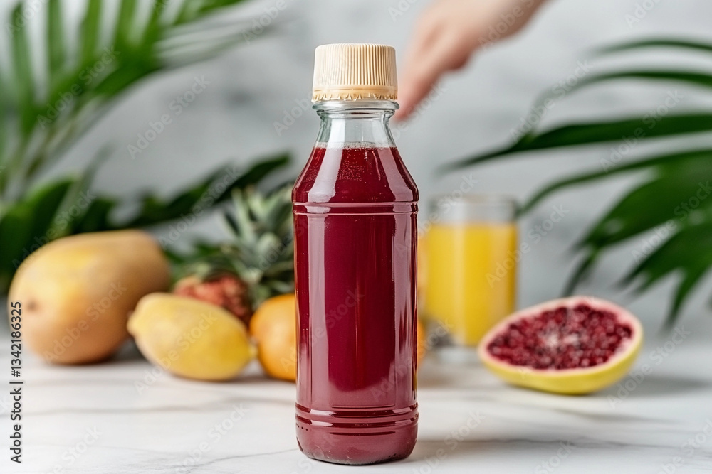Cold-pressed fruit juice in a bottle surrounded by fresh fruits on a marble countertop Cold-pressed fruit juice in a bottle surrounded by fresh fruits on a marble countertop
