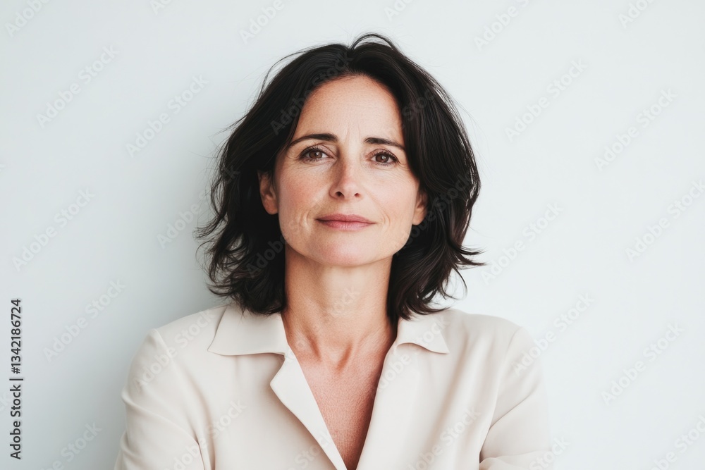 Confident woman with tousled hair poses against soft, neutral ba Confident woman with tousled hair poses against soft, neutral ba