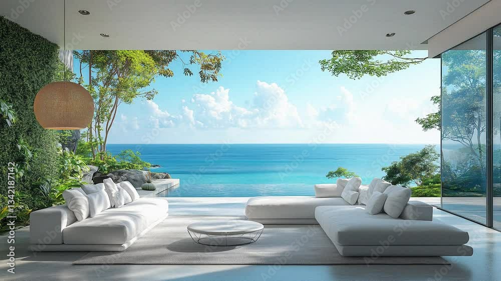 Sea view living room of luxury summer beach house with swimming pool and wooden terrace. TV stand against big gray sofa in vacation home or holiday villa. Hotel interior 4k animation video