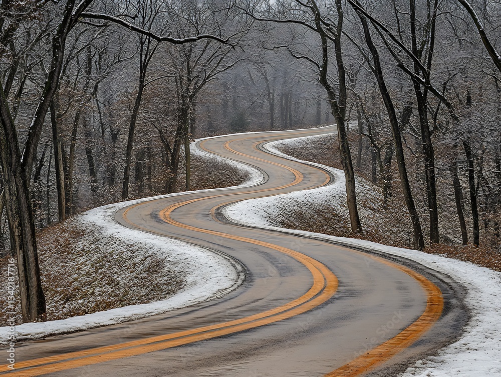 Fototapeta premium A winding road curves through a snow covered wooded landscape