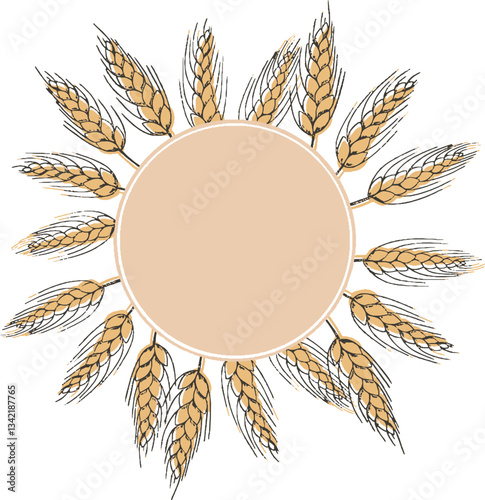 food banner bakery, pastry with wheat, oat, barley, rye, wheat ears stalks, field on yellow background and space for text, copy space