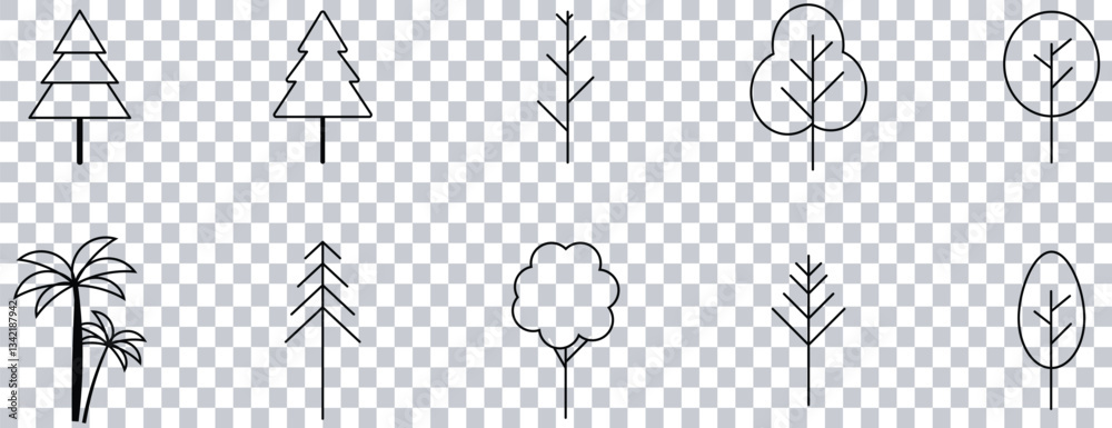 Obraz premium Tree Icon Set – Outline Minimal Trees Collection PNG on Transparent Background.