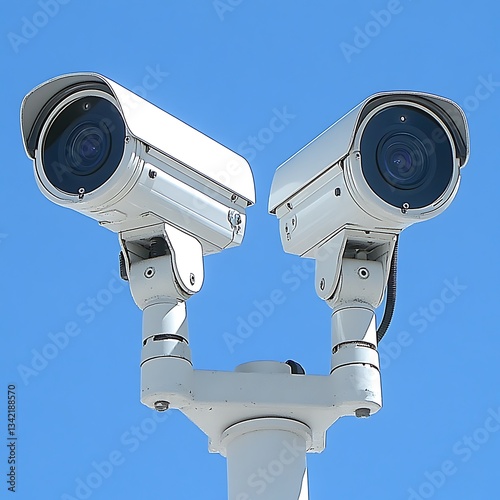 Two security cameras are mounted on a metal pole watching over