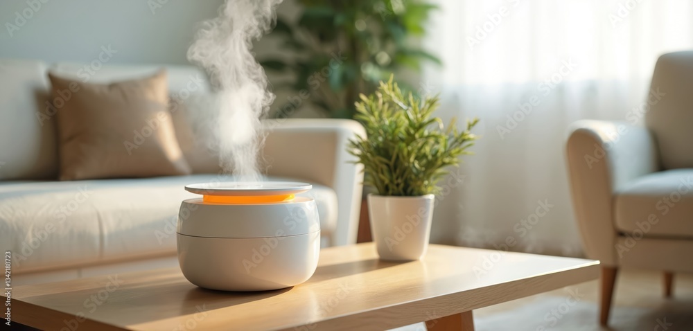 Obraz premium Photo shows humidifier on table spreading steam into living room. Portable air purifier and electric aroma diffuser for clean humidity and comfortable healthy lifestyle at home.