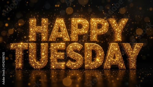 Golden Happy Tuesday Greeting with Sparkles on a Black Background