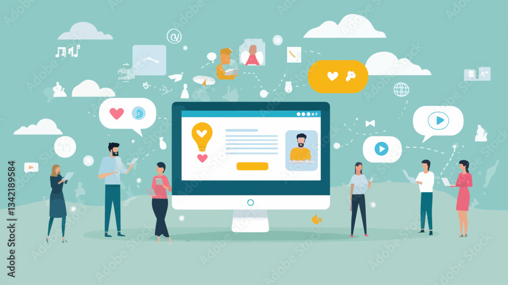 Modern Flat Design Illustration of Social Network Advertising and Digital Marketing Concepts with People Interacting Around a Large Monitor Featuring Online Content and Engagement Icons Modern Flat Design Illustration of Social Network Advertising and Digital Marketing Concepts with People Interacting Around a Large Monitor Featuring Online Content and Engagement Icons