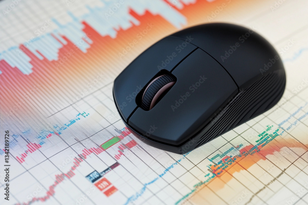 Close-up view of a computer mouse on stock market charts with graphical data representation