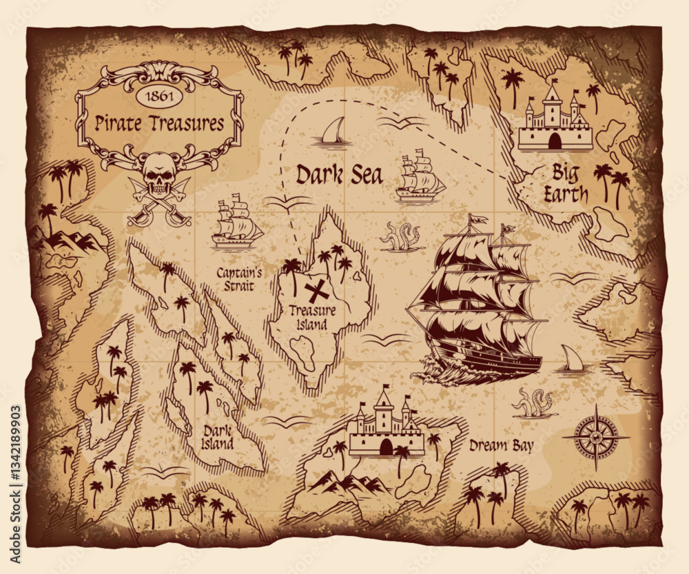 Fototapeta premium 1861 pirate map shows ships and islands
