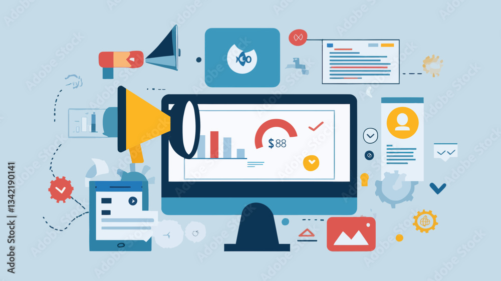SEO Flat Design Concept Vector Illustration with Analytics and Digital Marketing Elements for Business Optimization and Strategy Planning SEO Flat Design Concept Vector Illustration with Analytics and Digital Marketing Elements for Business Optimization and Strategy Planning