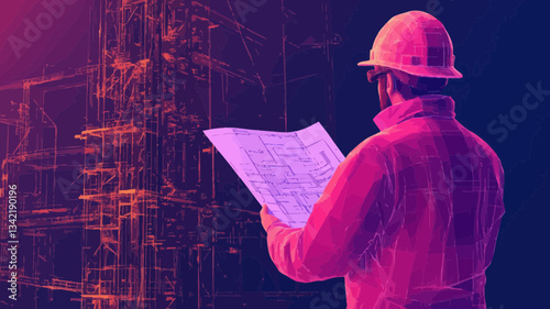 Architect or Engineer in Hard Hat Holding Blueprint Inspecting Gas Drilling Site, Abstract Low Poly Wireframe, Construction and Petroleum Industry Concept, 3D Minimalist Vector Illustration