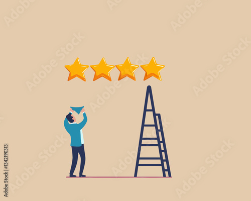 Businessman Climbing Ladder to Place Fifth Star in Five-Star Rating Concept for Business Reputation and Customer Feedback, Flat Minimalist Vector