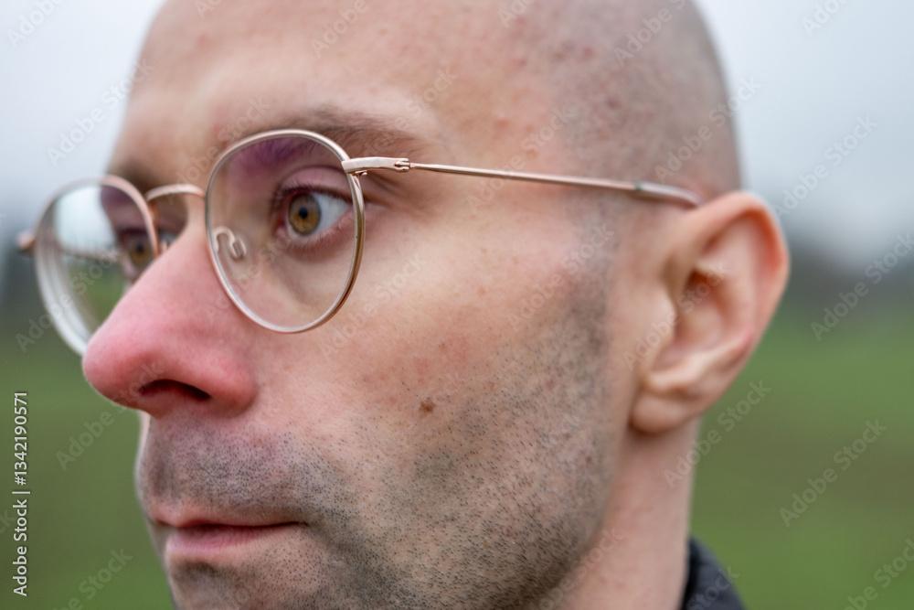 Obraz premium Man in glasses looking away, reflecting. Eyewear style, human eyesight, and introspective moment, contemporary style, intellectual look, male portrait
