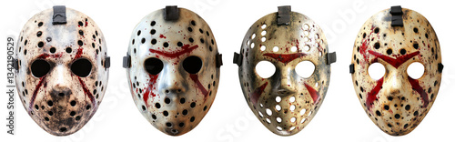 Collection of Hockey Masks with Grunge and Horror Aesthetic, Isolated on Transparent Background