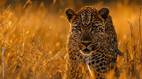 Leopard stealthily creeping through tall grass its golden coat blending with the dry savanna as it locks onto unsuspecting prey