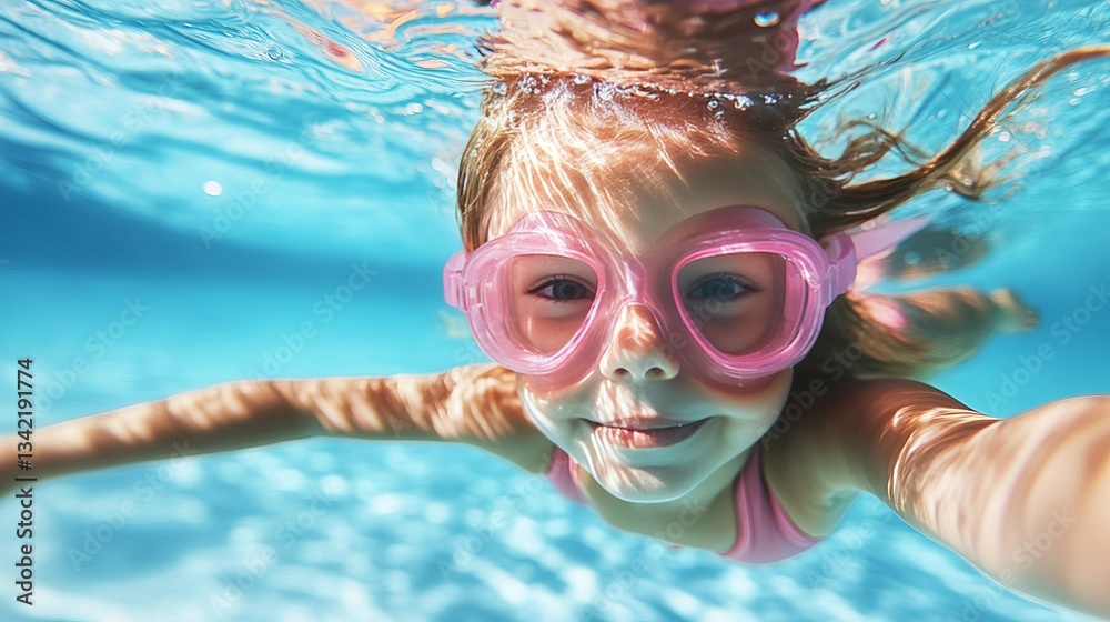 Naklejka premium A young girl wearing pink goggles is swimming in a pool