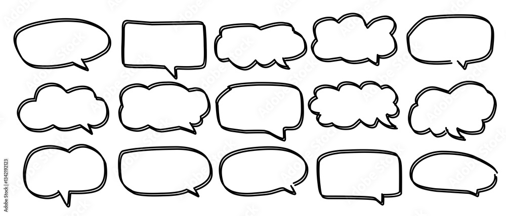 Vector speech bubble doodle set. Design elements of retro color special offers, chat emblems, black captions Vector speech bubble doodle set. Design elements of retro color special offers, chat emblems, black captions