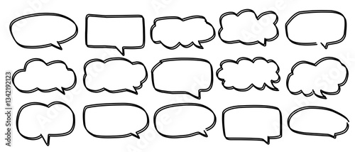Vector speech bubble doodle set. Design elements of retro color special offers, chat emblems, black captions