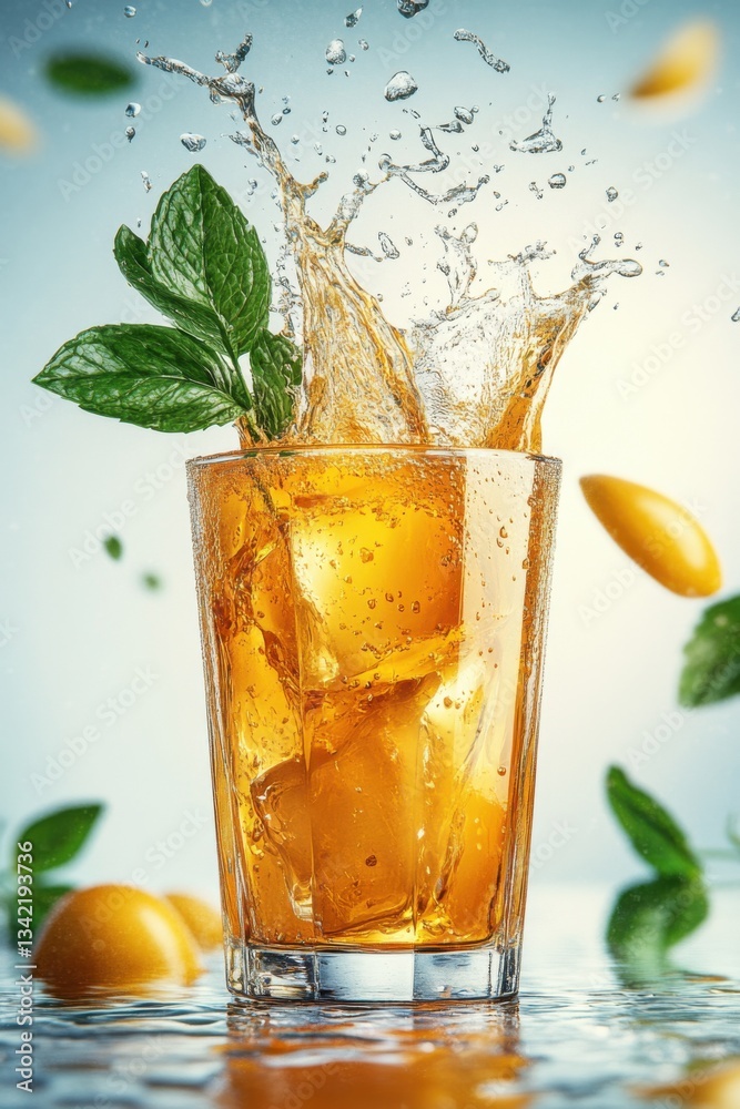 Fresh lemonade with mint leaves, pouring into a glass, splash effect, realistic 3D render, clipping path Fresh lemonade with mint leaves, pouring into a glass, splash effect, realistic 3D render, clipping path