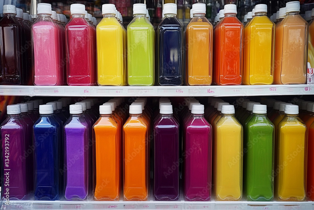 Colorful collection of juice bottles on display in a vibrant market setting during the afternoon hours Colorful collection of juice bottles on display in a vibrant market setting during the afternoon hours