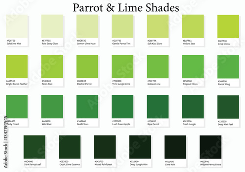 Color Palette 27 Parrot and Lime - 3d Green, Yellow, Cool Light Tones - with HEX Codes and Names, Colour Swatches, Scheme and Combinations