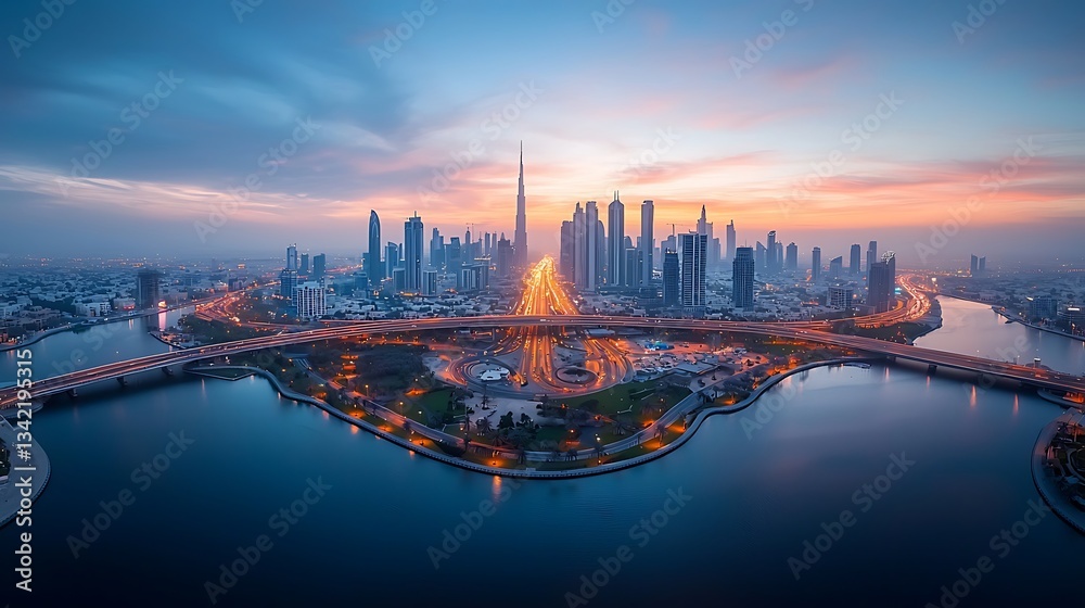 Naklejka premium Cityscape Sunrise Aerial View Modern Architecture