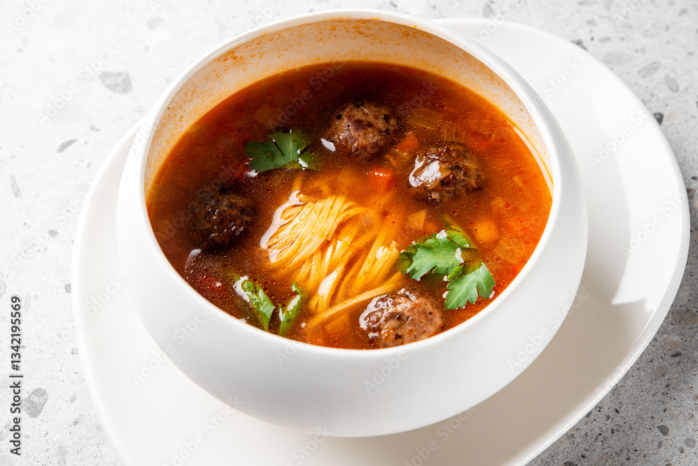 A bowl of flavorful meatball soup with noodles, garnished with fresh herbs. The dish features a rich broth and appetizing meatballs, perfect for comfort food lovers. A bowl of flavorful meatball soup with noodles, garnished with fresh herbs. The dish features a rich broth and appetizing meatballs, perfect for comfort food lovers.