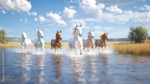 Wallpaper Mural Herd of white and chestnut horses galloping through shallow water under a bright, sunny sky. Torontodigital.ca