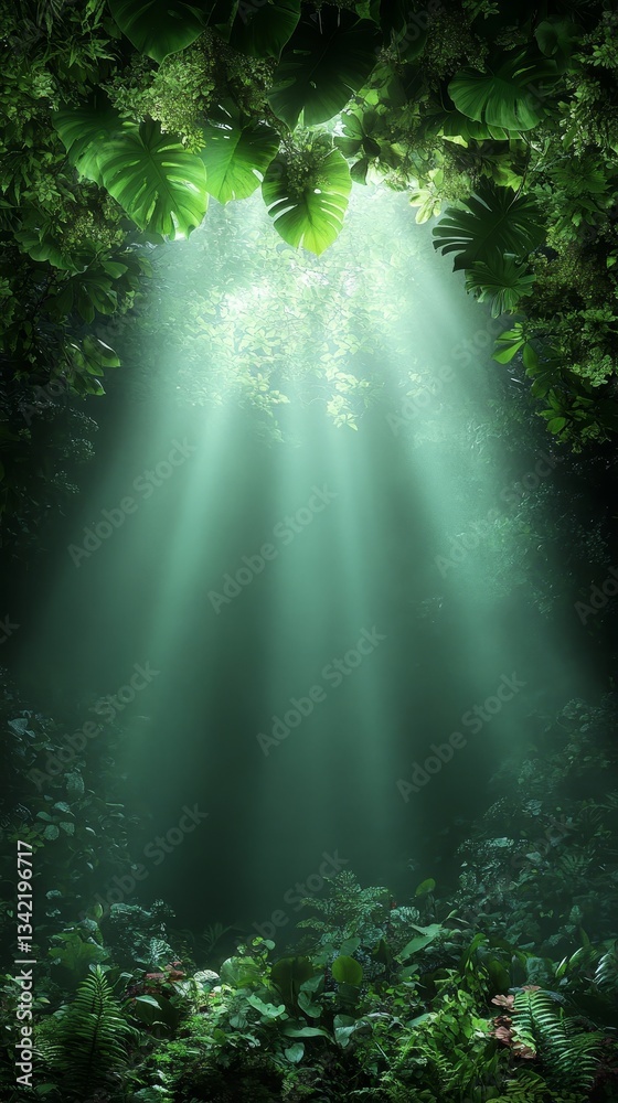 Fototapeta premium Serene Tropical Forest Landscape: Mystical Sunbeams Amidst Lush Greenery and Vibrant Canopy
