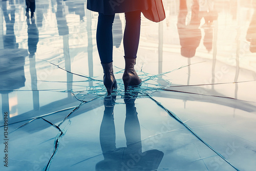 Cracked glass floor creates hesitation for person standing at a busy location among several spectators