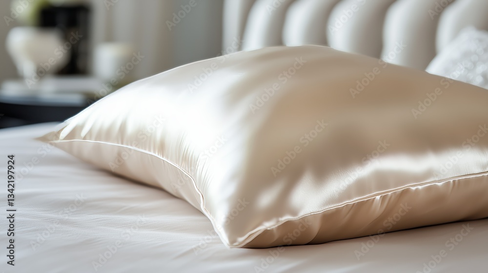Obraz premium Close-up of a soft, luxurious satin pillow on a stylishly made bed, highlighting elegance and comfort in bedroom decor.