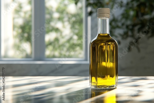 A bottle of golden liquid on a marble countertop with natural light streaming through the windo