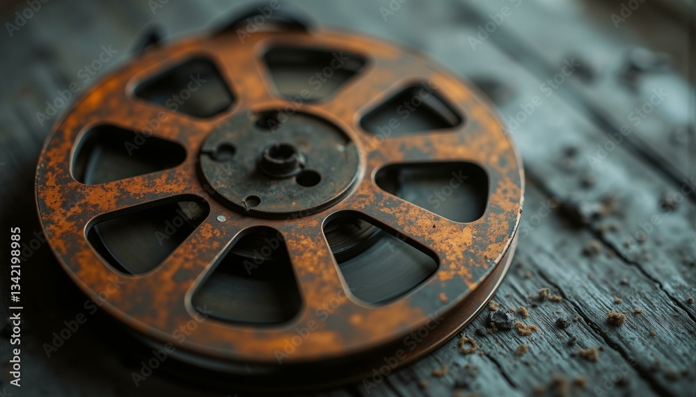 Obraz premium A vintage film reel with a worn, scratched surface is set against a weathered wooden background in muted gray tones.