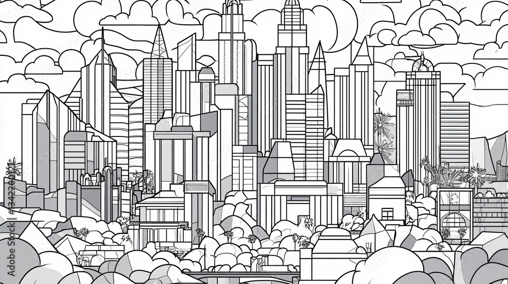 Fototapeta premium The Las Vegas Nevada Skyline Coloring Page features a single line drawing representing the city's skyline, embodying themes of gambling, entertainment, luxury, desert landscape, and vibrant nightlife