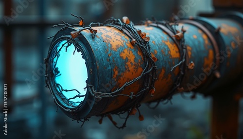A weathered industrial pipe is wrapped in a tangle of rusted wire and vines, with vibrant orange and umber blotches, illuminated by a neon blue glow emanating from within its hollow core.