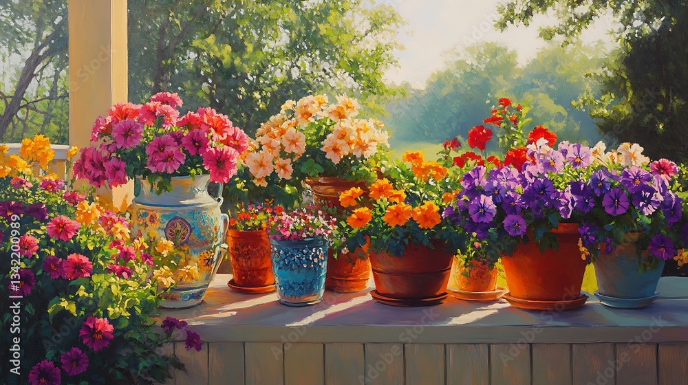 Fototapeta premium Colorful Flowers In Pots On A Porch Railing