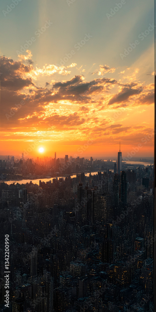 Obraz premium Breathtaking Aerial View Of A City Skyline At Sunset With The Sun Casting A Golden Glow Over The Urban Landscape. Stunning Skyscrapers, Warm Horizon, And Evening Lights Creating A Magical Atmosphere.