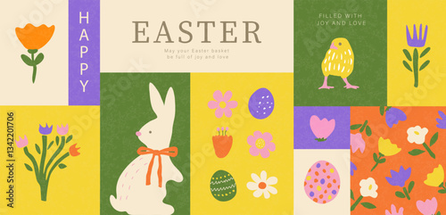 Happy Easter banner in modern style with flowers, bunny, eggs and chick. Trendy design with bento grid. Vector illustration for brochure, cover, poster, web banner and more.