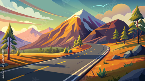 asphalt road run into the mountain in morning light with little