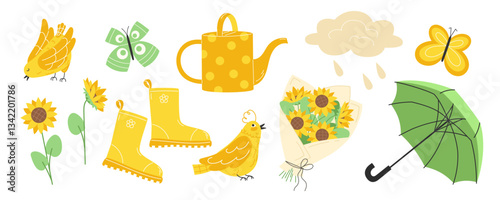 Bright and Colorful Spring Design Elements Featuring Sunflower Flowers and Birds. Cute garden accessories for spring and summer