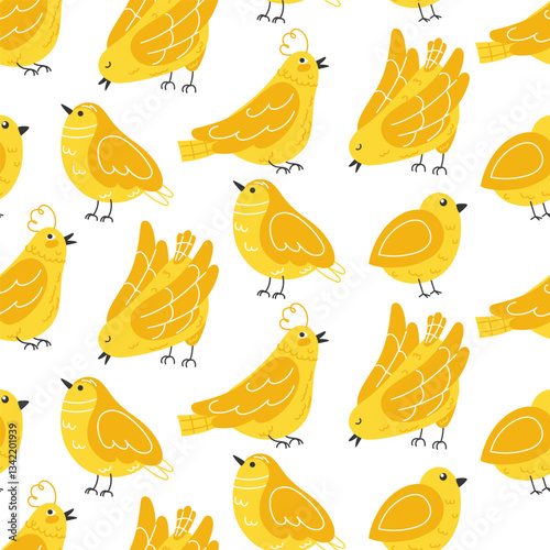 Seamless Summer Pattern with Yellow Birds in Flat Style on White Background