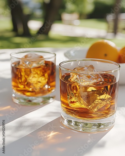 Refreshing Bourbon Cocktail with Ice and Orange Slices - Perfect Summer Beverage for Outdoor Cocktail Party