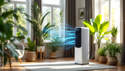 Modern portable air conditioner with cool fresh blue moving stream in living room. Summer cooling system installation. Ventilation system. Energy efficient climate control photo